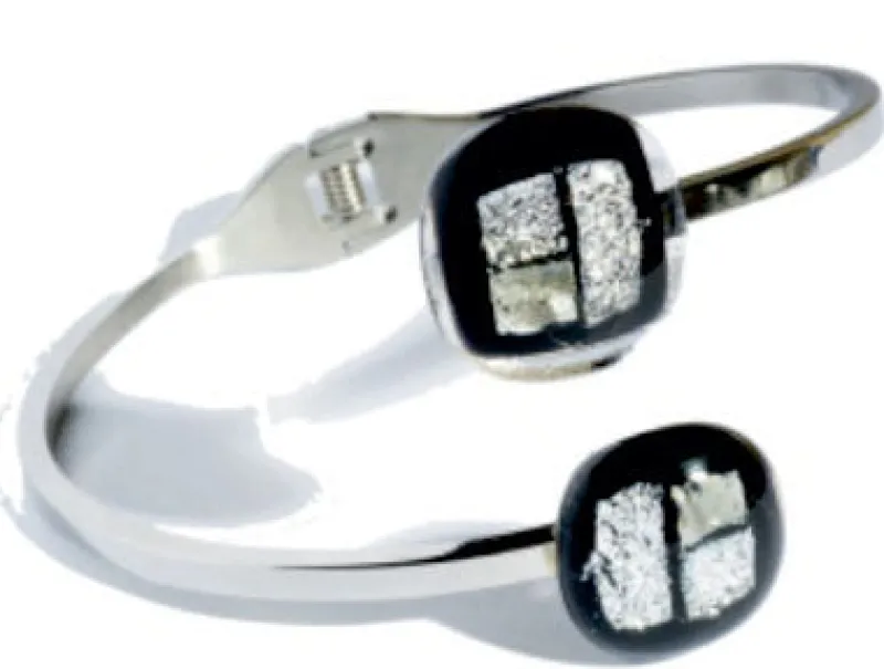 Armband|Fusing Glasschmuck^Art Glass Armreif mit 2 Glassteinen Schwarz Silber Fusing