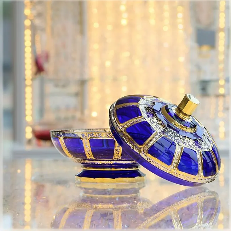 Dosen^Art Glass Dose mit Deckel Blue Queen 18 cm, Blau/Gold, aus Glas