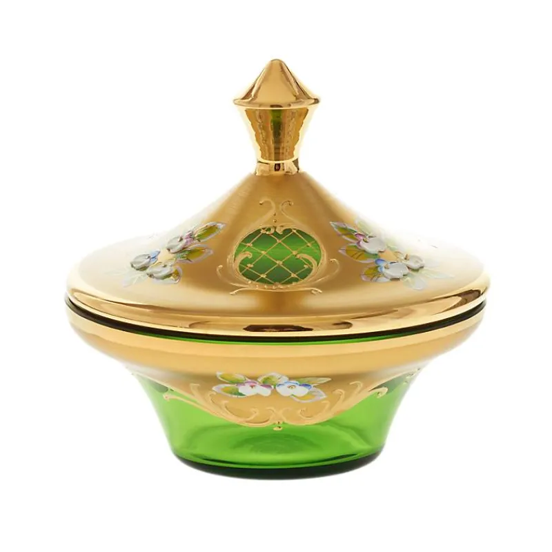 Dosen^Art Glass Dose mit Deckel Green Queen 15,5 cm, Grün/Gold, aus Glas