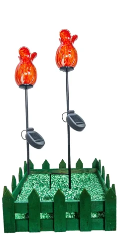Valentienstag|Ostern^Cristalica 2er Set Glas Blume Rot/Orange Höhe ca. 12cm, Gartendeko mit Solarlicht & Stab 46cm Handarbeit mit Verpackung