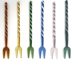 Besteck & Zubehör^Cristalica 6er Set Glas Bowle- Cocktailgabel Partygabel, Länge ca. 15cm, Bunt, Gestreift oder Früchte