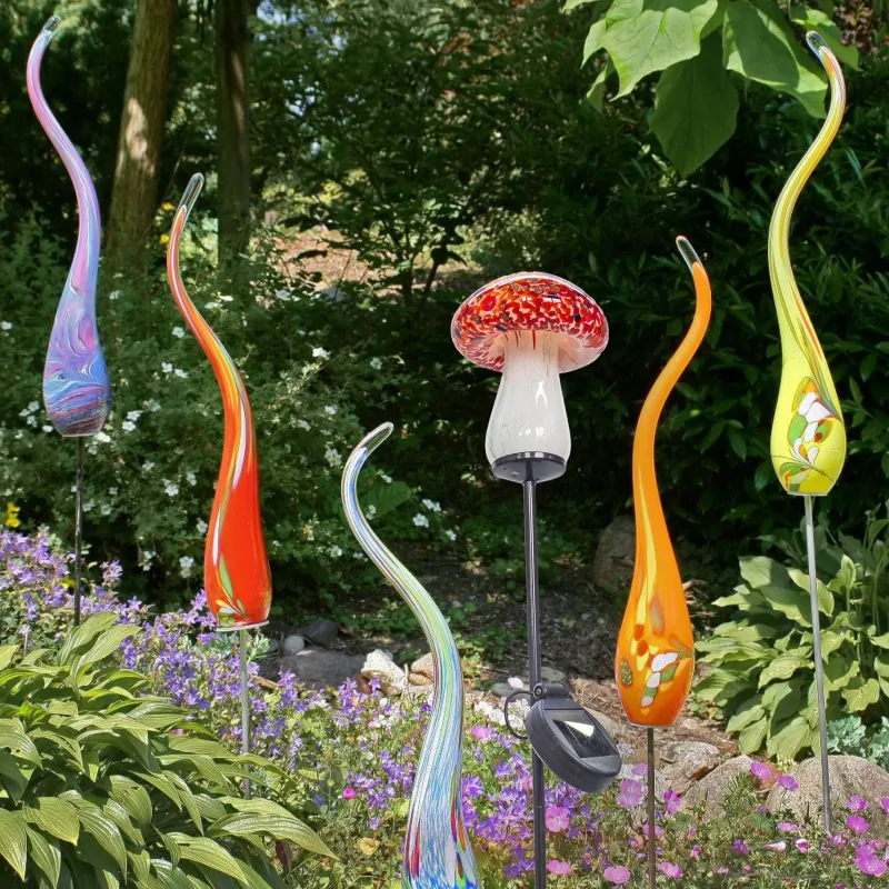 Ostern|Ostern^Cristalica 2er Set Glas Pilz Rot/Bunt Höhe ca. 12,5cm, Gartendeko mit Solarlicht & Stab 46cm Handarbeit mit Verpackung