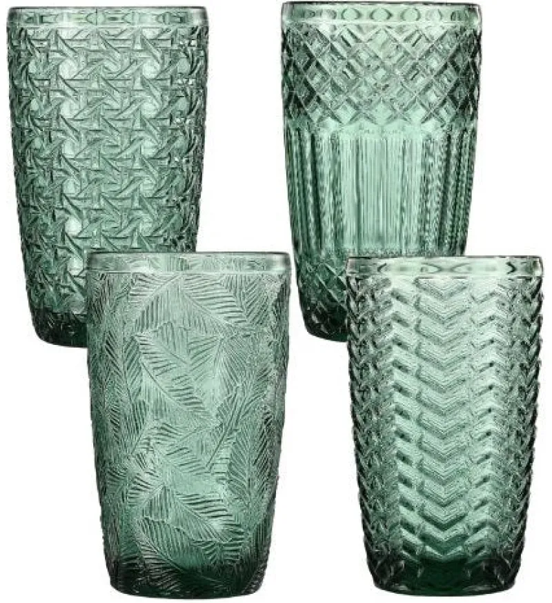 Longdrinkgläser^Cristalica 4er Set Longdrinkglas, Saftglas, Wasserglas Grün mit Gemischten Motive, ca. 380ml
