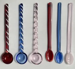 Besteck & Zubehör|Ostern^Cristalica 6er Set Marmeladenlöffel / Cocktaillöffel aus Glas, Länge ca. 14,8cm, Rot/ Blau/ Pink, Oval & Rund