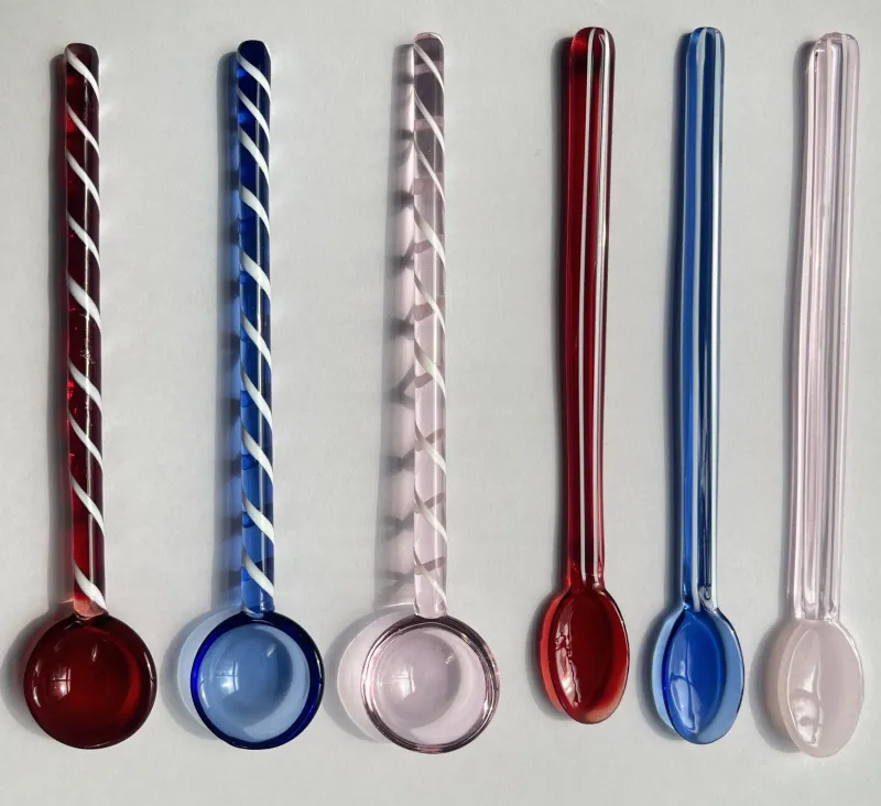 Besteck & Zubehör|Ostern^Cristalica 6er Set Marmeladenlöffel / Cocktaillöffel aus Glas, Länge ca. 14,8cm, Rot/ Blau/ Pink, Oval & Rund