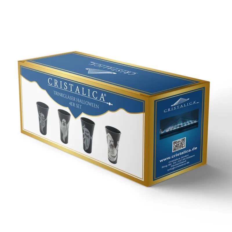 Kinder|Halloween^Cristalica 4er Set Trinkgläser mit Halloween Motiv, Schwarz/Weiß Höhe ca. 9,5cm