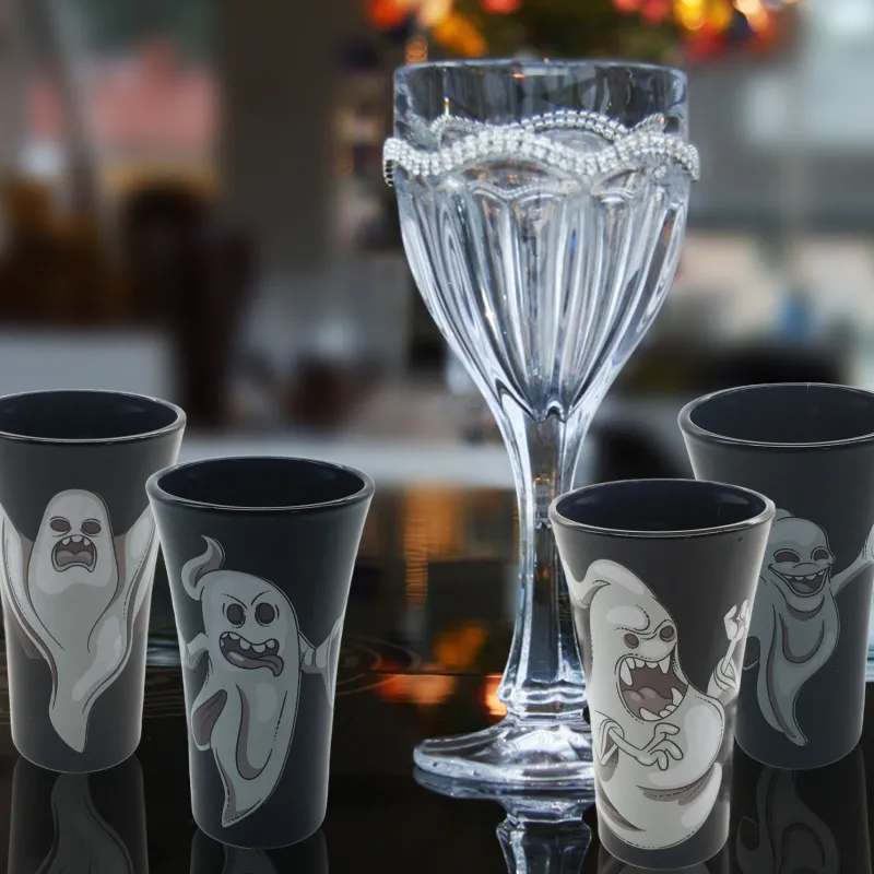 Kinder|Halloween^Cristalica 4er Set Trinkgläser mit Halloween Motiv, Schwarz/Weiß Höhe ca. 9,5cm