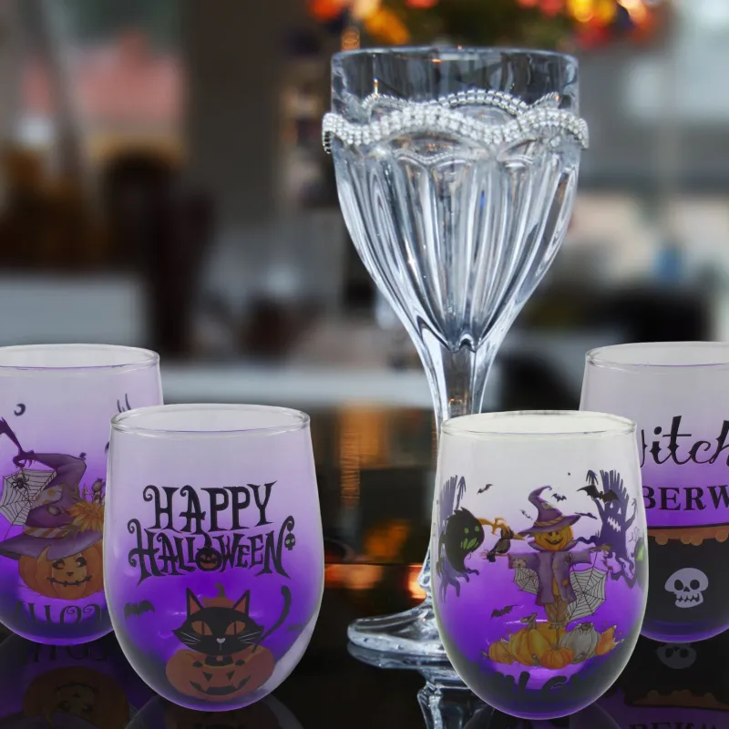 Kinder|Halloween^Cristalica 4er Set Trinkgläser mit Halloween Motiv, Lila Höhe ca. 12cm, 500ml