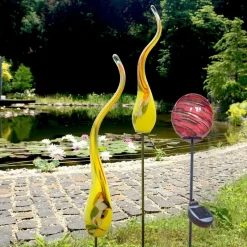 Kugeln & Zapfen^Cristalica Glas Gartenkugel Pink/Lila/Gold Höhe ca. 10cm, Gartendeko mit Solarlicht & Stab 46cm Handarbeit ohne Verpackung