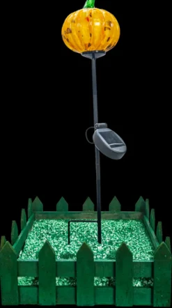 Halloween^Cristalica Glas Kürbis Gelb/Bunt Höhe ca. 11cm, Gartendeko mit Solarlicht & Stab 46cm Handarbeit ohne Verpackung