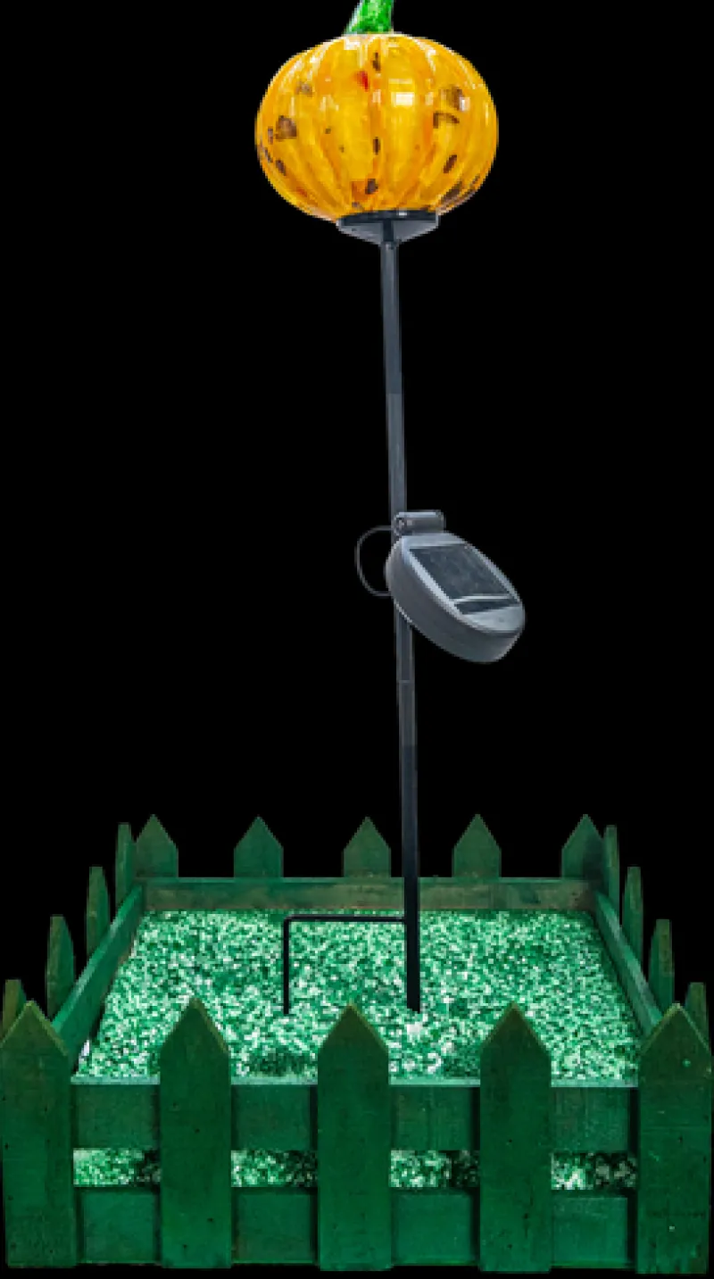 Halloween^Cristalica Glas Kürbis Gelb/Bunt Höhe ca. 11cm, Gartendeko mit Solarlicht & Stab 46cm Handarbeit ohne Verpackung