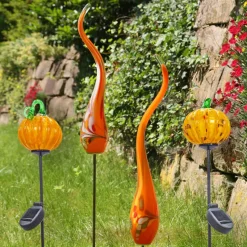 Halloween^Cristalica Glas Kürbis Gelb/Orange/ Grün Höhe ca. 12cm, Gartendeko mit Solarlicht & Stab 46cm Handarbeit ohne Verpackung
