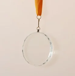 Pokal & Glasblock^Fan Unikate Glas Medaille Rund geschliffen Pokal 8cm inkl. Band und Geschenkbverpackung