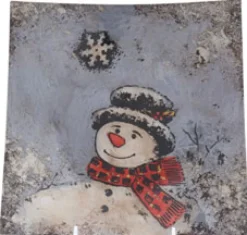 Teller & Platten|Weihnachten^Cristalica Glasplatte blau mit Schneemann quadratisch, Glasschale Teller Tischdeko ca. 24cm Handmade