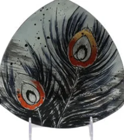 Glasteller^Cristalica Glasplatte Pfauenfeder Dreieck, Glasschale Teller Tischdeko ca. 20,5 cm Handmade