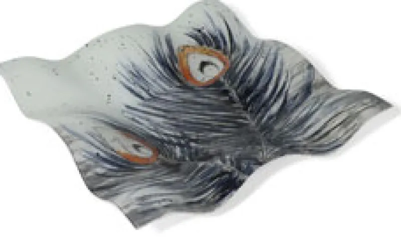 Glasteller^Cristalica Glasplatte Pfauenfeder quadratisch, Glasschale Teller Tischdeko ca. 35 cm Handmade