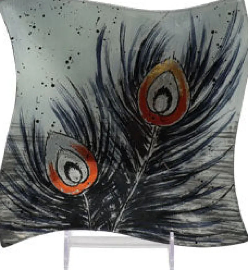 Glasteller^Cristalica Glasplatte Pfauenfeder Raute, Glasschale Teller Tischdeko ca. 23 cm Handmade