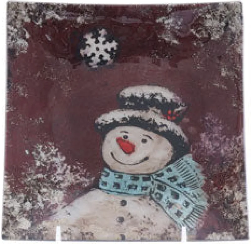 Teller & Platten|Weihnachten^Cristalica Glasplatte rot mit Schneemann, Glasschale Teller Tischdeko Handmade