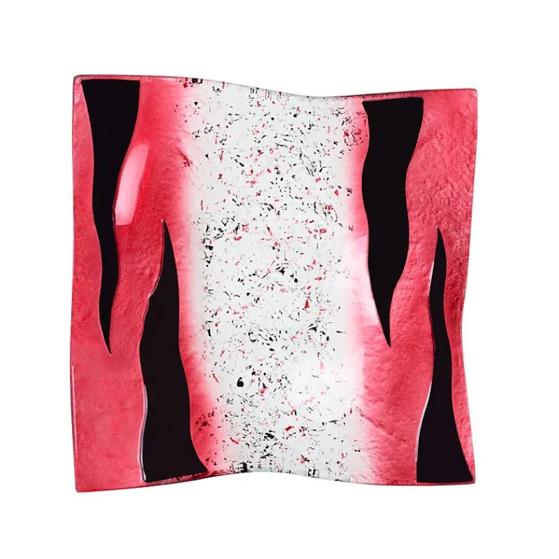 Schalen^Art Glass Glasschale Teller quadratisch Design Objekt Fusingglas weiß rot 22x22cm Handmade