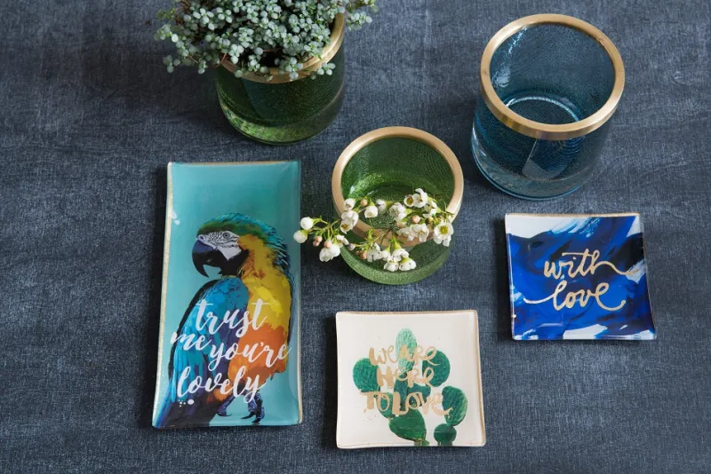 Geburtstag|Glasteller^Glaswaren sonstige Glasteller Goldrand Koralle weiß blau Maritim 10x10cm