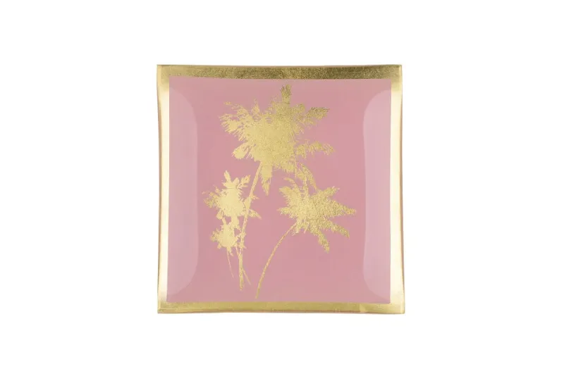 Frauen|Ostern^Glaswaren sonstige Glasteller Goldrand Palmen rosa Tropical 10x10cm