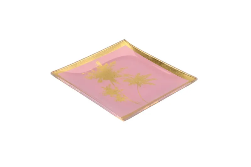 Frauen|Ostern^Glaswaren sonstige Glasteller Goldrand Palmen rosa Tropical 10x10cm