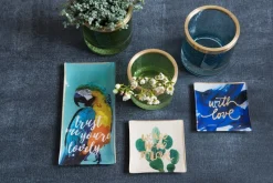 Frauen|Ostern^Glaswaren sonstige Glasteller Goldrand Palmen rosa Tropical 10x10cm