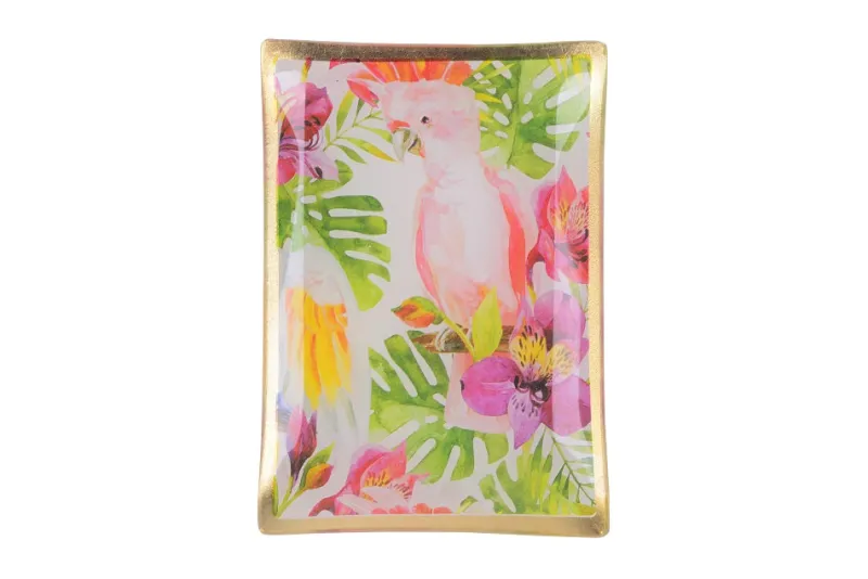 Geburtstag|Ostern^Gift Company Glasteller Goldrand Papagei bunt Tropical 14x10cm