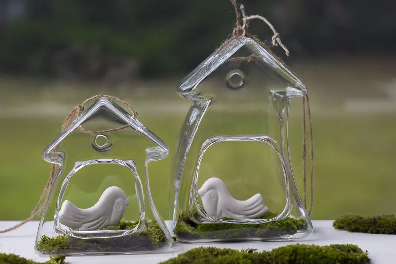 Geburtstag|Einweihung^Glaswaren sonstige Glasvase zum Hängen Haus 13cm Pflanzgefäß mit Loch Dekoration Geschenk Klarglas