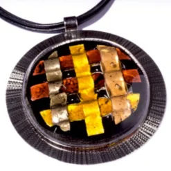 Halskette|Fusing Glasschmuck^Art Glass Halskette Brilliance mit mit Glasanhänger Rot Schwarz Gold Silber Fusing (Lederband)