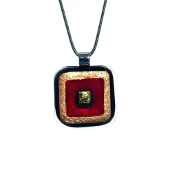 Halskette|Fusing Glasschmuck^Schmuck Halskette eckig mit Glasanhänger Rot Gold Fusing (Edelstahlkette)