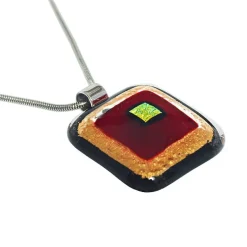 Halskette|Fusing Glasschmuck^Schmuck Halskette eckig mit Glasanhänger Rot Gold Fusing (Edelstahlkette)