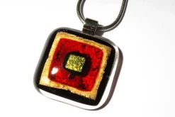 Halskette|Fusing Glasschmuck^Schmuck Halskette eckig mit Glasanhänger Rot Gold Fusing (Edelstahlkette)