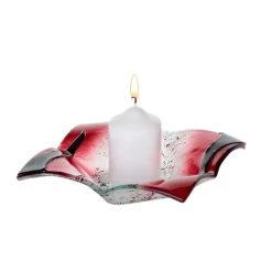 Valentienstag|Kerzenhalter^Art Glass Kerzenhalter Glasschale Blüte Tischdeko Fusing Glas weiß rot 16x16cm Handmade