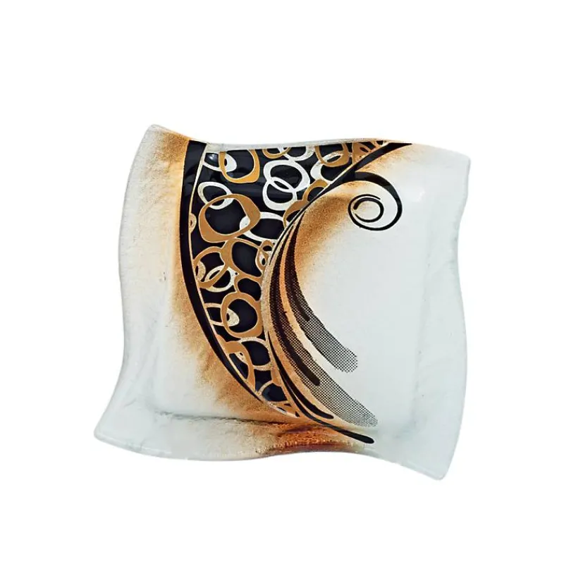 Kerzenhalter^Art Glass Kerzenhalter Glasteller Untersetzter Tischdeko Fusing weiß gold 14x14cm Handmade