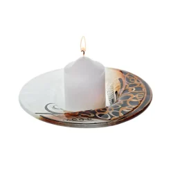 Kerzenhalter^Art Glass Kerzenhalter Kerzenteller Schälchen rund Deko Fusingglas weiß gold 16cm Handmade