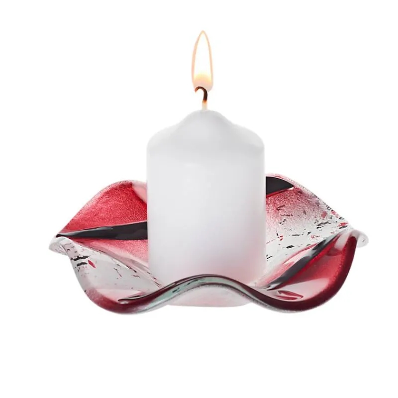 Valentienstag|Kerzenhalter^Art Glass Kerzenhalter Schale Teller Blüte gewellt Deko Fusingglas weiß rot 14cm Handmade