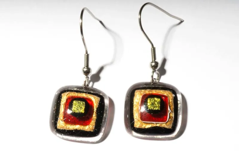 Ohrringe|Fusing Glasschmuck^Cristalica Ohrringe mit Glasstein Rot Gold Fusing