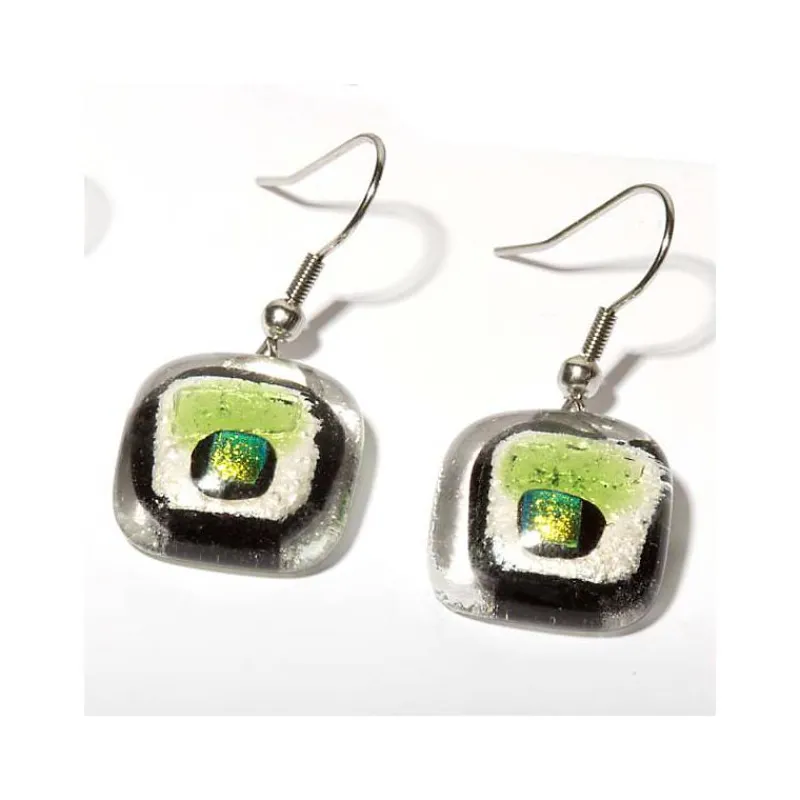 Fusing Glasschmuck^Art Glass Ohrringe mit Glasstein weiß Grün Fusing