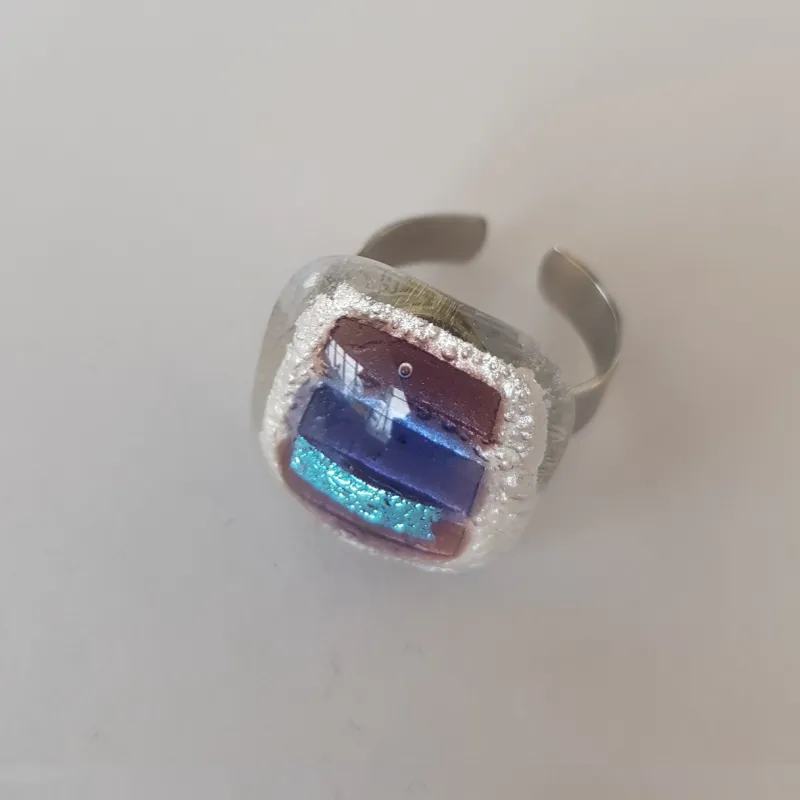 Ringe|Fusing Glasschmuck^Cristalica Ring mit Glasstein Lila Blau Fusing