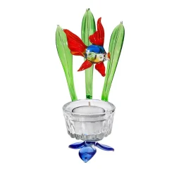 Blumen|Frauen^Art Glass Teelichthalter mit Fisch Blumen 7,5cm Glas Kerzenhalter Dekoration Geschenk