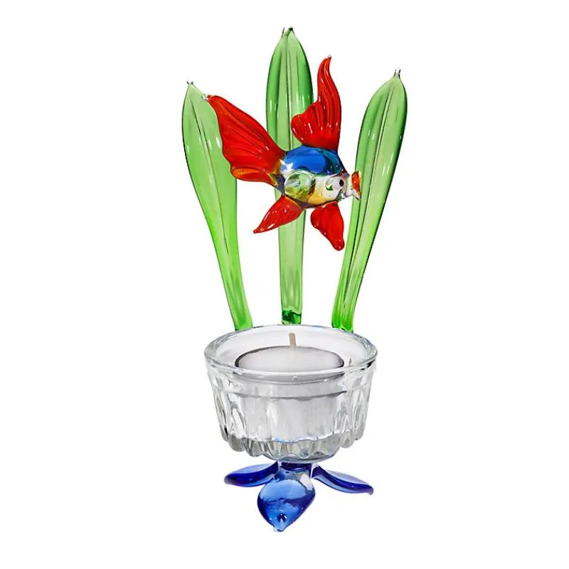 Blumen|Frauen^Art Glass Teelichthalter mit Fisch Blumen 7,5cm Glas Kerzenhalter Dekoration Geschenk