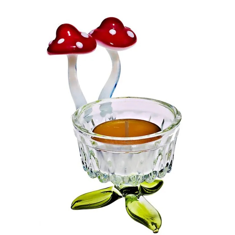 Frauen|Blumen^Art Glass Teelichthalter mit Pilzen Blumen 7,5cm Glas Kerzenhalter Dekoration Geschenk