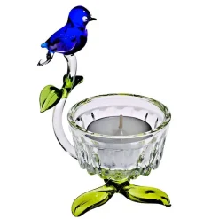 Frauen|Blumen^Art Glass Teelichthalter mit Vogel Blumen 7,5cm Glas Kerzenhalter Dekoration Geschenk