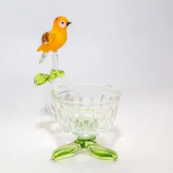 Frauen|Blumen^Art Glass Teelichthalter mit Vogel Blumen 7,5cm Glas Kerzenhalter Dekoration Geschenk
