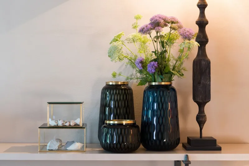 Orchideentopf & Stäbe|Kerzenhalter^Gift Company Windlicht Glastopf mit Schliff Goldrand Olive 13,5cm