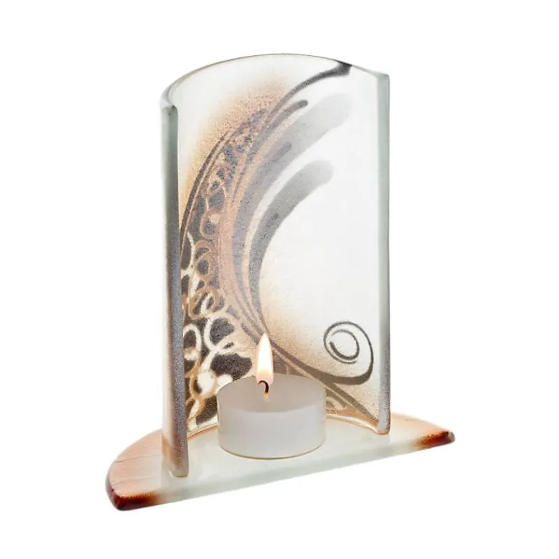 Kerzenhalter^Art Glass Windlicht Kerzenhalter Tischdeko Terrasse Fusing Glas 15cm weiß gold Handmade